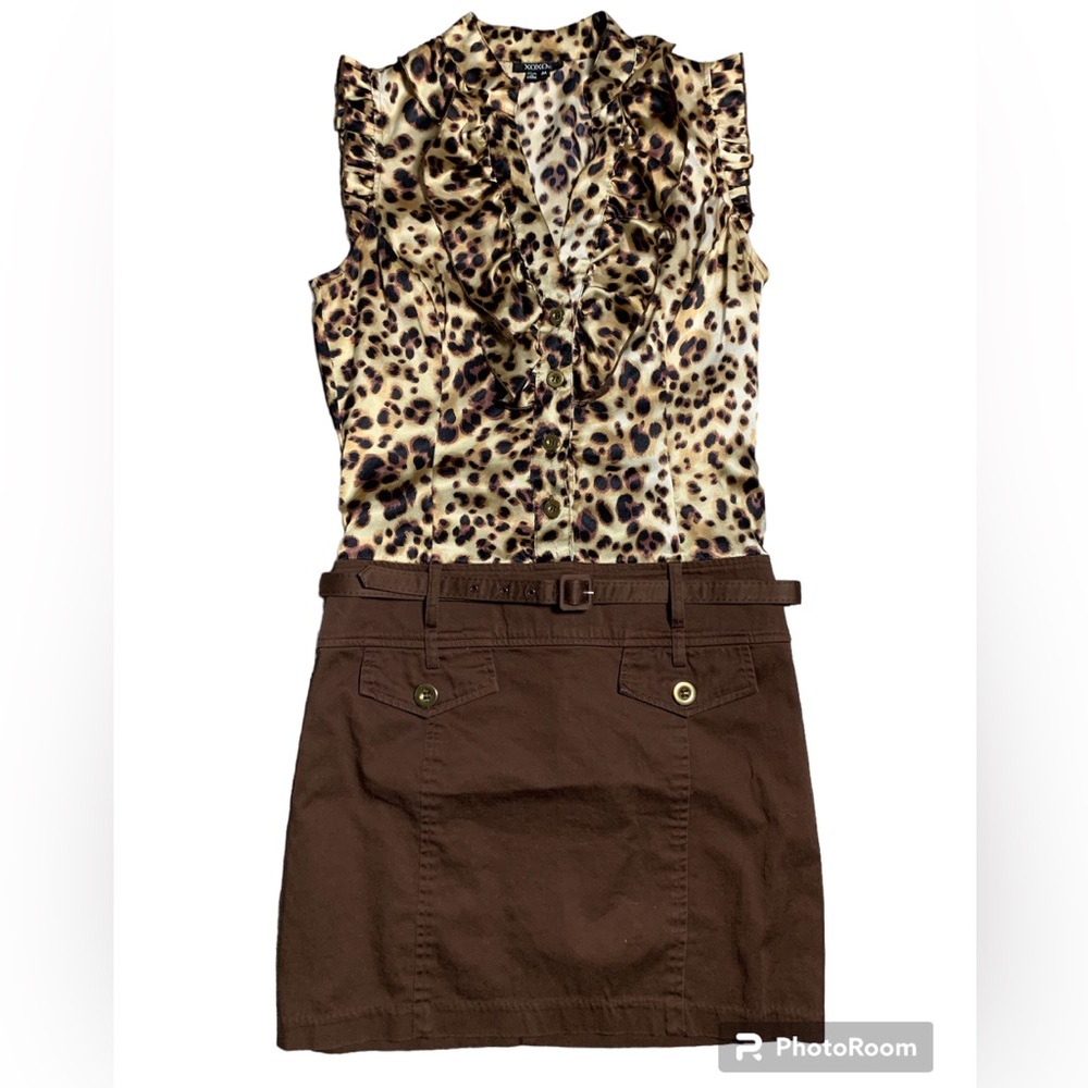 XOXO Leopard Print Drop Waist Mini‎ Dress Brown Two Tone Ruffle Belted 90s Style